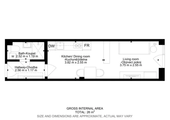 Pronájem bytu 1+kk, Praha - Kyje, Za černým mostem, 25 m2