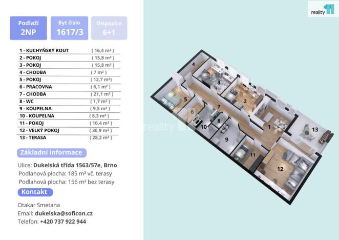 Pronájem bytu 6+kk a větší, Brno - Husovice, Dukelská třída, 156 m2