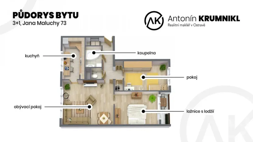 Pronájem bytu 3+1, Ostrava - Dubina, Jana Maluchy, 72 m2