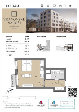 Prodej bytu 1+kk, Brno - Husovice, Vranovská, 32 m2