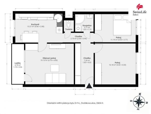 Prodej bytu 3+1, Děčín, Dvořákova, 73 m2