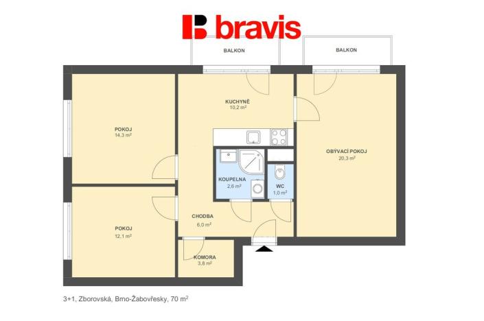 Prodej bytu 3+1, Brno, Zborovská, 75 m2