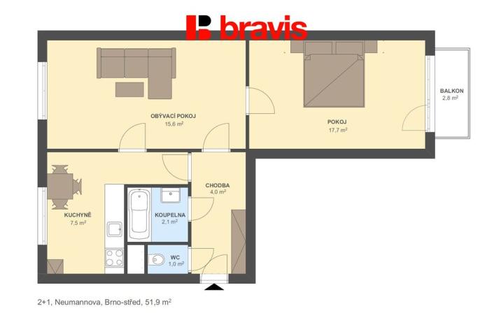 Pronájem bytu 2+1, Brno - Pisárky, Neumannova, 55 m2