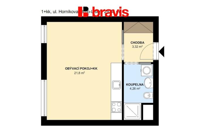 Pronájem bytu 1+kk, Brno - Líšeň, Horníkova, 29 m2