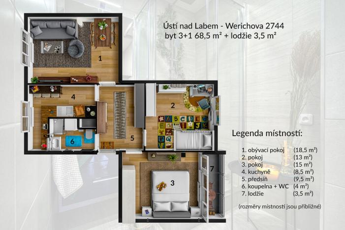 Pronájem bytu 3+1, Ústí nad Labem - Severní Terasa, Werichova, 61 m2