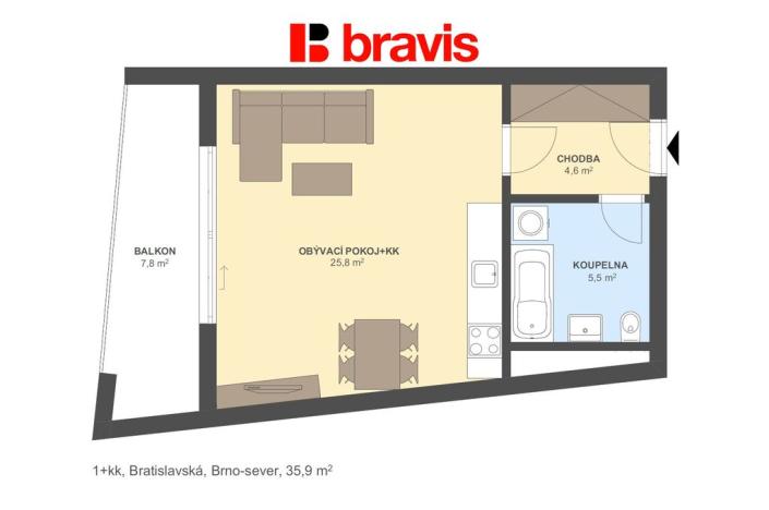 Pronájem bytu 1+kk, Brno - Zábrdovice, Bratislavská, 36 m2
