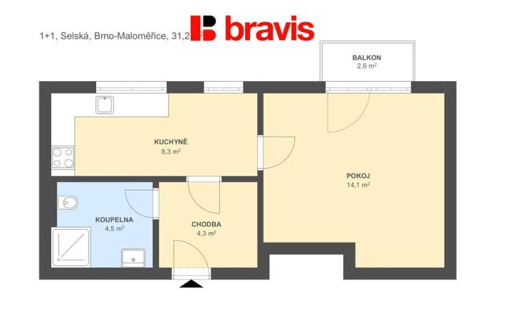 Pronájem bytu 1+1, Brno - Maloměřice, Selská, 31 m2
