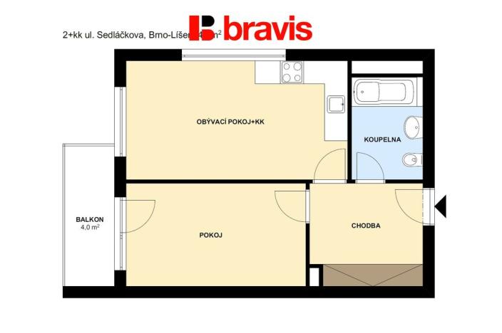 Pronájem bytu 2+kk, Brno - Líšeň, Sedláčkova, 46 m2