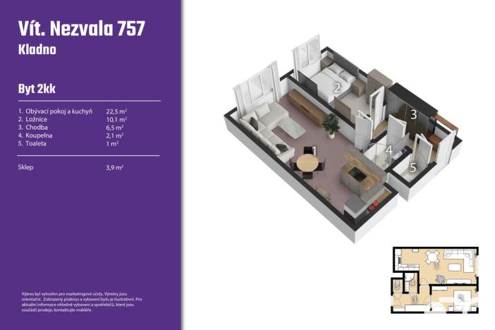 Prodej bytu 2+kk, Kladno, Vít. Nezvala, 44 m2