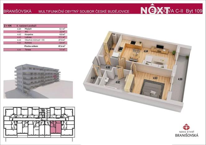 Prodej bytu 2+kk, České Budějovice, Branišovská, 67 m2