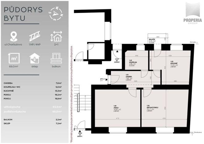Prodej bytu 2+1, Brno, Charbulova, 64 m2