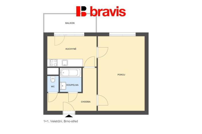 Pronájem bytu 1+1, Brno, Veletržní, 38 m2