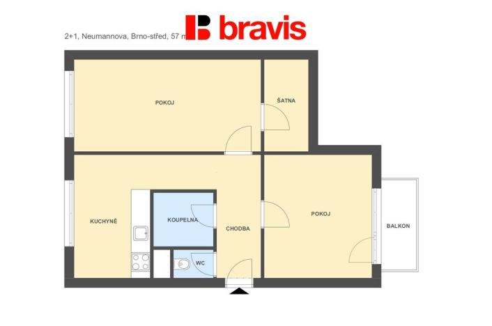 Pronájem bytu 2+1, Brno, Neumannova, 57 m2