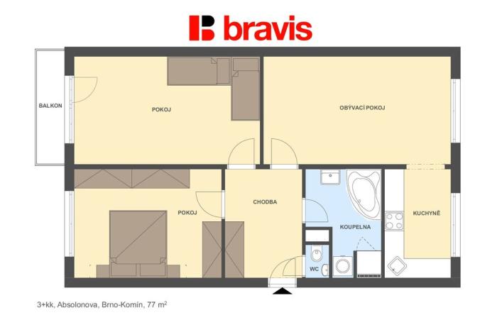 Pronájem bytu 3+kk, Brno - Komín, Absolonova, 74 m2