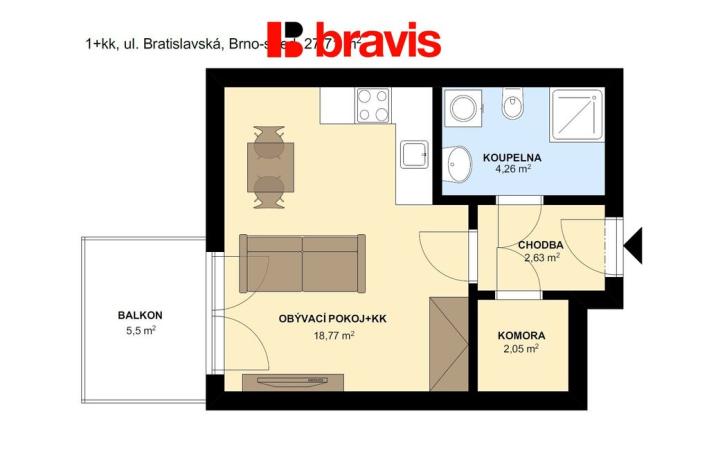 Prodej bytu 1+kk, Brno - Zábrdovice, Bratislavská, 28 m2
