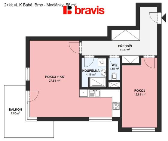 Pronájem bytu 2+kk, Brno - Medlánky, K Babě, 58 m2
