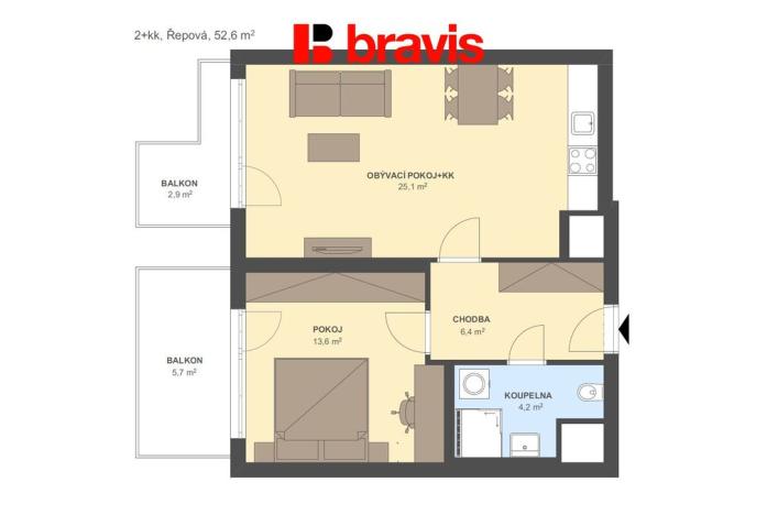 Pronájem bytu 2+kk, Brno - Horní Heršpice, Řepova, 52 m2