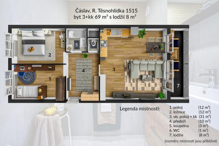 Pronájem bytu 3+kk, Čáslav - Čáslav-Nové Město, R. Těsnohlídka, 69 m2