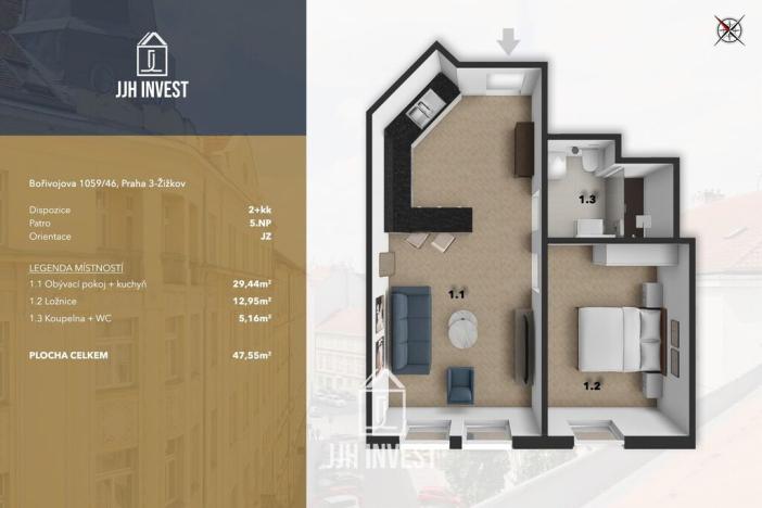 Pronájem bytu 2+kk, Praha - Žižkov, Bořivojova, 48 m2