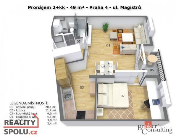 Pronájem bytu 2+kk, Praha - Michle, Magistrů, 49 m2