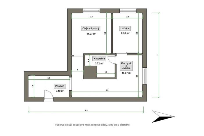 Pronájem bytu 2+1, Vsetín, Jiráskova, 45 m2