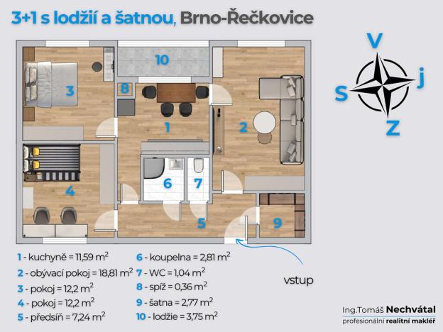 Prodej bytu 3+1, Brno - Řečkovice, Horácké náměstí, 70 m2