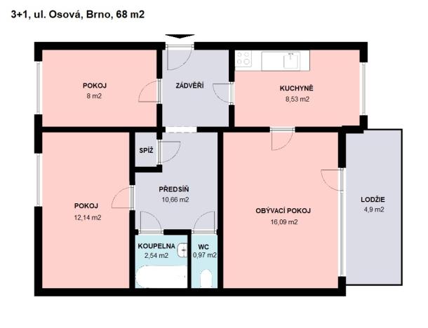 Pronájem bytu 3+1, Brno, Osová, 68 m2