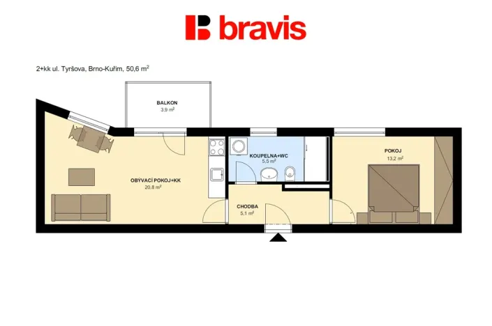 Pronájem bytu 2+kk, Kuřim, Tyršova, 45 m2