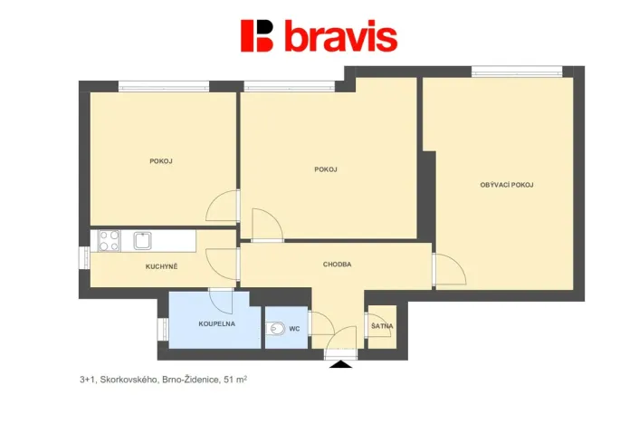 Pronájem bytu 3+1, Brno - Židenice, Skorkovského, 51 m2