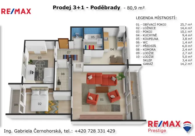 Prodej bytu 3+1, Poděbrady - Poděbrady III, Na Hrázi, 73 m2