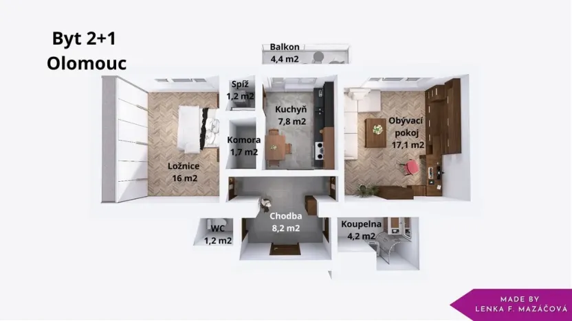 Pronájem bytu 2+1, Olomouc - Hodolany, Masarykova třída, 57 m2