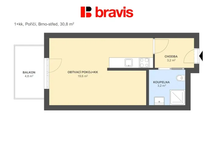 Pronájem bytu 1+kk, Brno, Poříčí, 26 m2
