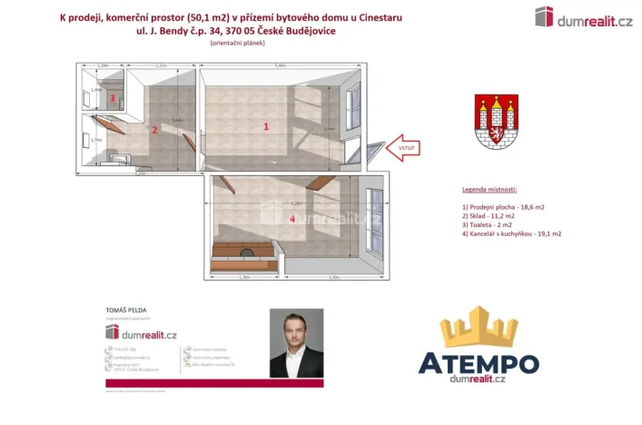 Prodej obchodního prostoru, České Budějovice - České Budějovice 2, J. Bendy, 50 m2