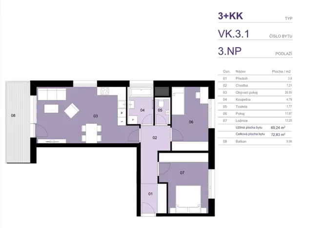 Pronájem bytu 3+kk, Praha - Kamýk, Zimova, 73 m2