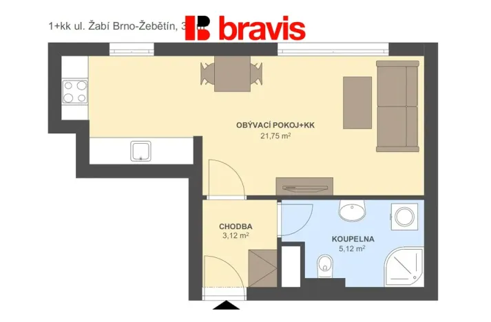 Pronájem bytu 1+kk, Brno - Žebětín, Žabí, 33 m2