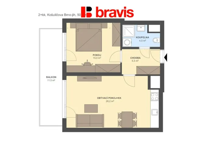 Pronájem bytu 2+kk, Brno - Horní Heršpice, Řepova, 54 m2