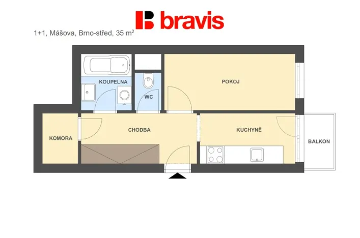 Pronájem bytu 1+1, Brno - Veveří, Mášova, 35 m2