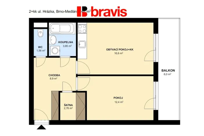 Pronájem bytu 2+kk, Brno, Hrázka, 46 m2