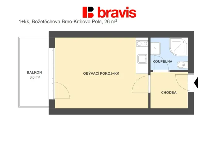 Pronájem bytu 1+kk, Brno - Královo Pole, Božetěchova, 23 m2