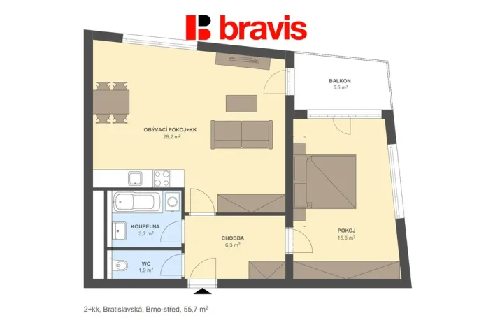 Pronájem bytu 2+kk, Brno - Zábrdovice, Bratislavská, 59 m2