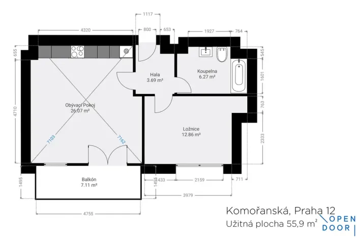 Pronájem bytu 2+kk, Praha - Modřany, Komořanská, 60 m2