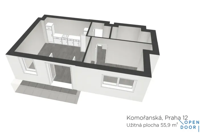 Pronájem bytu 2+kk, Praha - Modřany, Komořanská, 60 m2