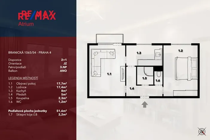 Prodej bytu 2+1, Praha - Braník, Branická, 52 m2