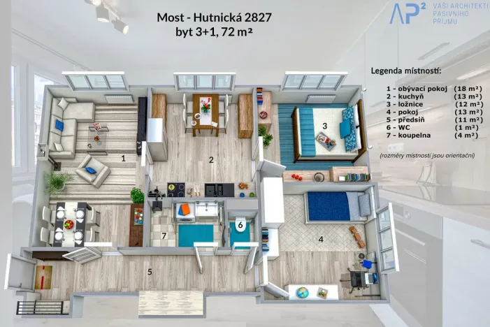 Pronájem bytu 3+1, Most, Hutnická, 72 m2