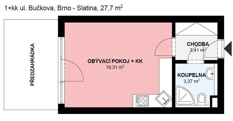 Pronájem bytu 1+kk, Brno, Bučkova, 27 m2