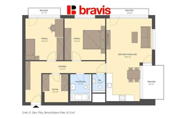 Pronájem bytu 3+kk, Brno - Černá Pole, třída Generála Píky, 86 m2