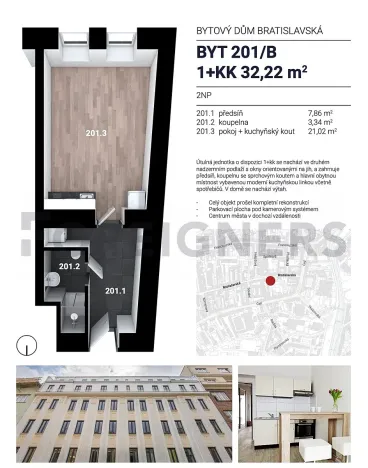 Pronájem bytu 1+kk, Brno, Bratislavská, 32 m2