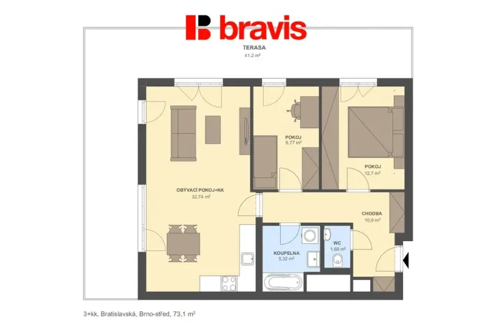 Pronájem bytu 3+kk, Brno, Bratislavská, 73 m2
