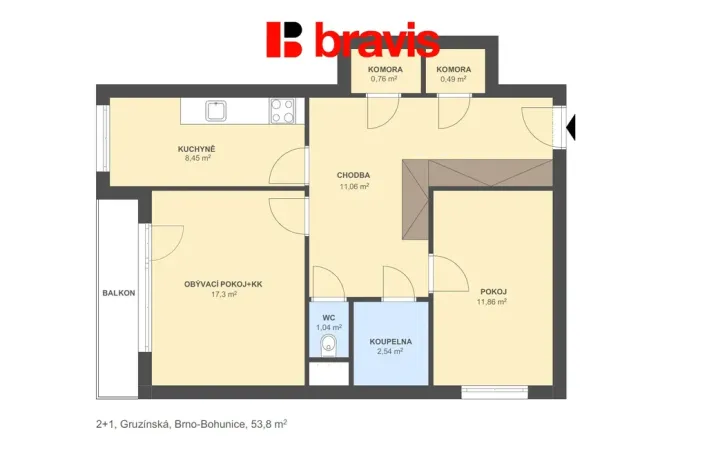 Pronájem bytu 2+1, Brno - Bohunice, Gruzínská, 54 m2