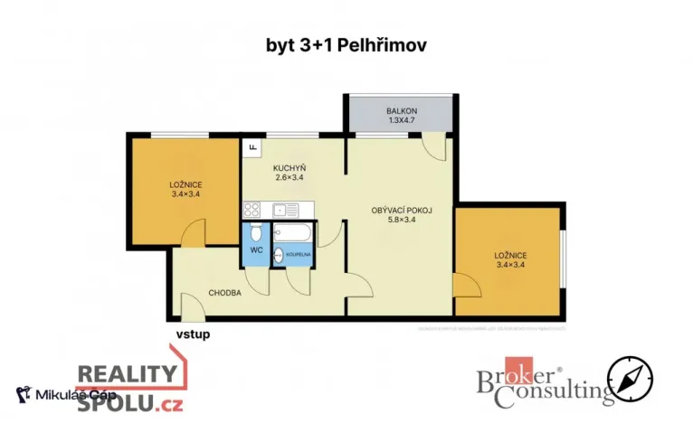 Prodej bytu 3+1, Pelhřimov, Boženy Němcové, 67 m2